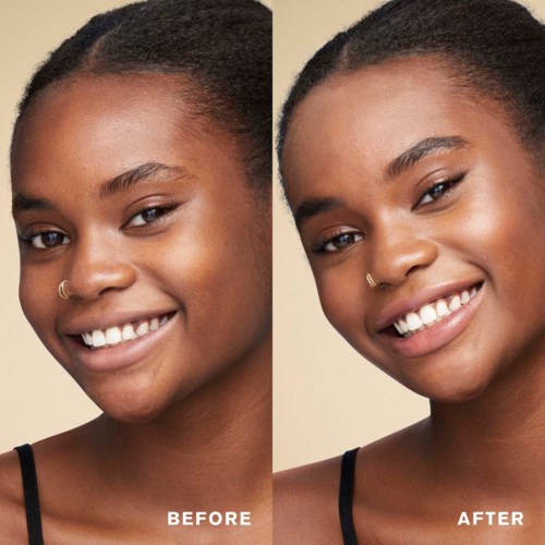 A woman with dark skin, short hair, small nose ring, smiling before and after makeup or skin treatment.