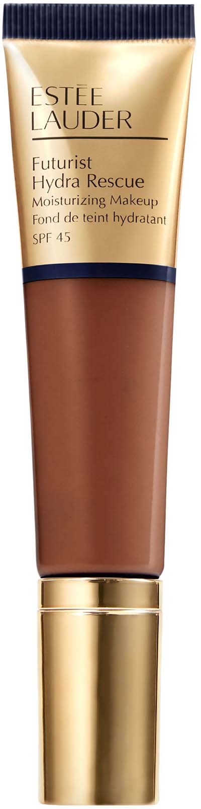 Een tube van Estée Lauder Futurist Hydra Rescue foundation met gouden dop en beige en donkerblauw ontwerp.