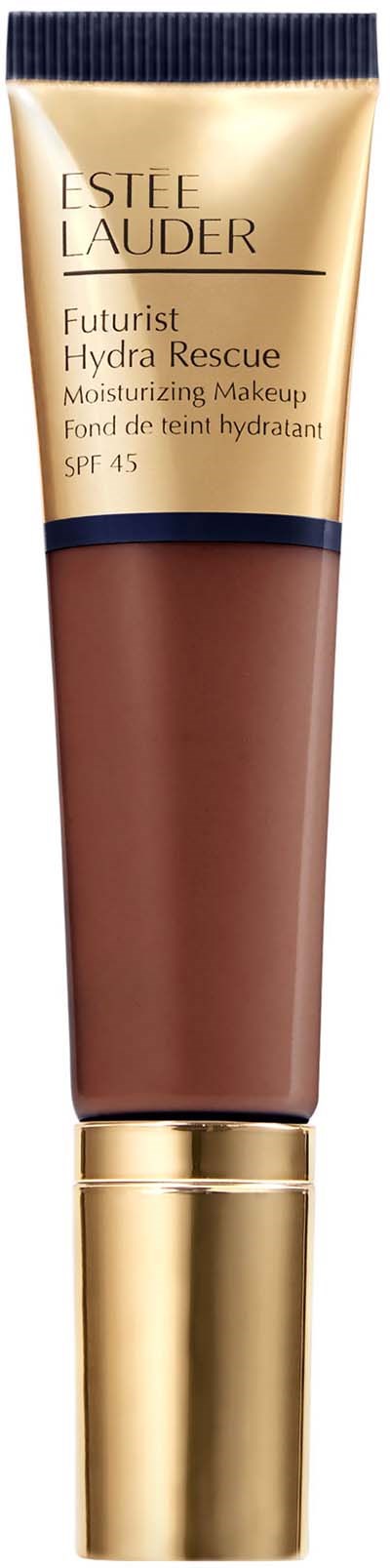 Een tube van Estée Lauder Futurist Hydra Rescue foundation met goud en navy verpakking.