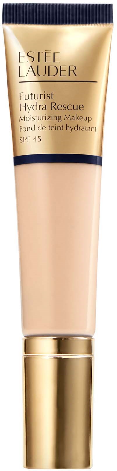 A beige tube with gold cap, labeled Estee Lauder Hydra Rescue moisturizer with SPF 45.