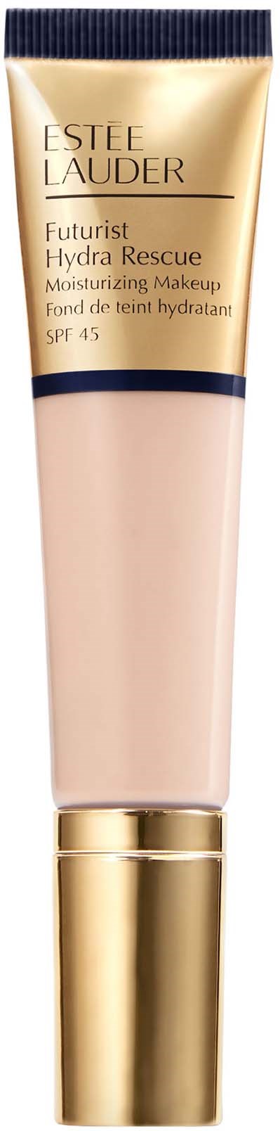 Ein beiger Tubus von Estée Lauder Foundation mit Goldkappe und dunkler blauer Band, bezeichnet als Hydra Rescue Feuchtigkeitscreme.