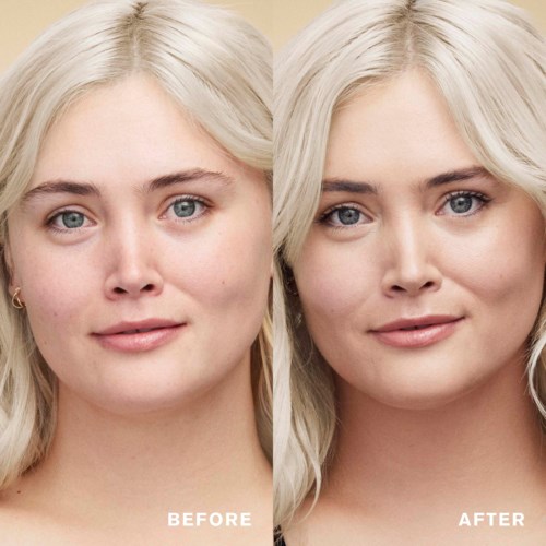 Ein Vergleich zeigt eine Frau vor und nach Make-up, mit klarerer Haut und verbesserten Merkmalen im Nachbild.