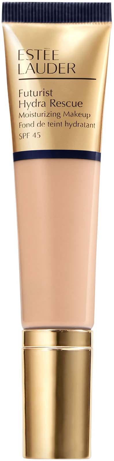 A tube of Estee Lauder foundation with a golden cap and beige label, promoting hydrating, SPF 45 makeup.