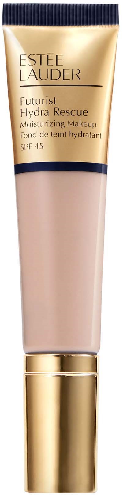 A tube of Estée Lauder Futurist Hydra Rescue makeup with gold cap and beige body.