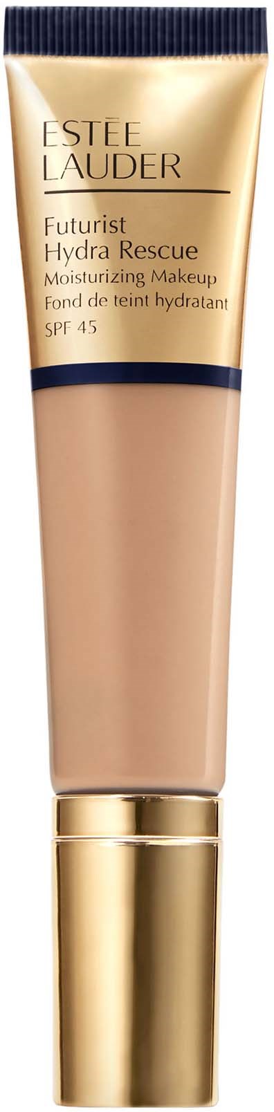 Ein beiger Tube mit goldener Kappe, beschriftet Estee Lauder Futurist Hydra Rescue Foundation mit SPF 45.
