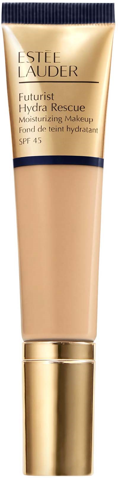A beige tube of Estée Lauder moisturizer with a gold cap and black details, labeled 'Futurist Hydra Rescue SPF 45'.