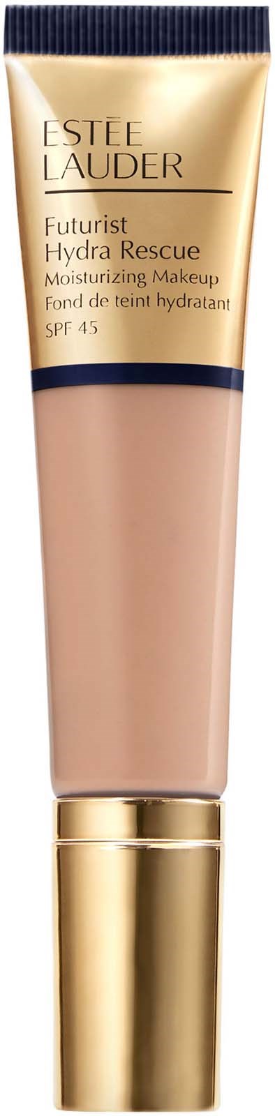 Eine Tube Estée Lauder Futurist Hydra Rescue Feuchtigkeitscreme mit SPF 45, goldene und beigen Verpackung mit schwarzen und goldenen Akzenten.
