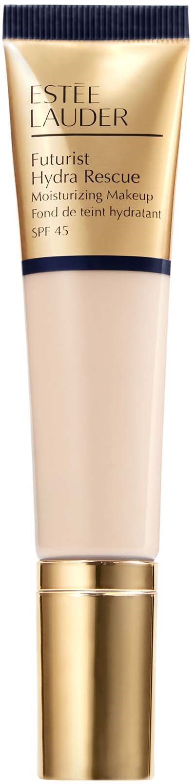 A tube of Estée Lauder Futurist Hydra Rescue Moisturizing Makeup with SPF 45 in beige and gold colors.