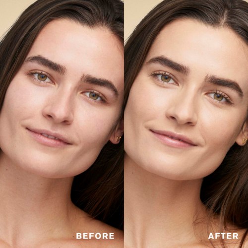 Two images of a woman show her face before and after a possible skincare or makeup change.