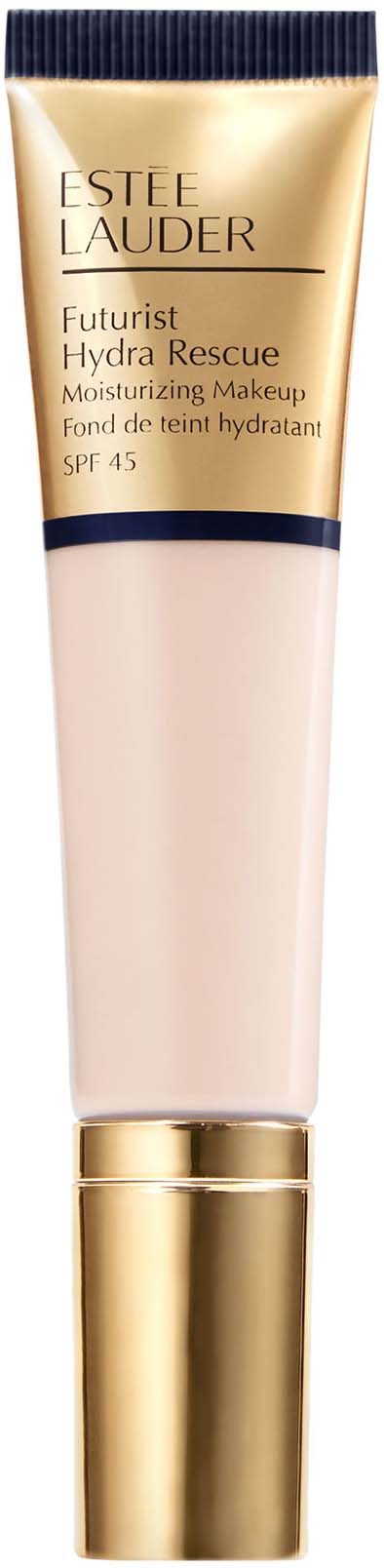 Golden and white tube of Estée Lauder foundation with SPF 45 and moisturizing properties.