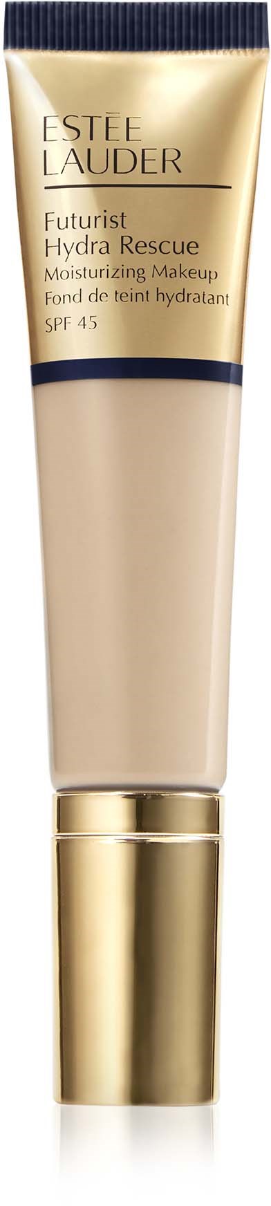 Eine Creme-Tube mit Gold- und Marineblauem Design, gekennzeichnet Estee Lauder Futurist Hydra Rescue, SPF 45.