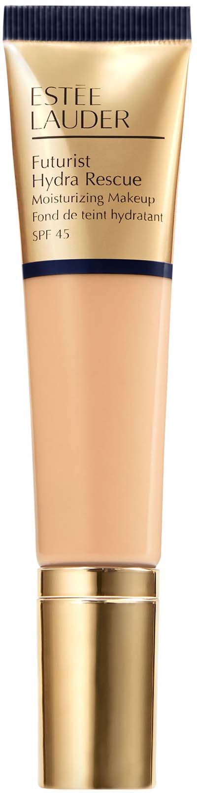 Ein beiges Röhrchen von Estée Lauder Futurist Hydra Rescue Feuchtigkeitscreme mit SPF 45, goldener Kappe und schwarzem Band.