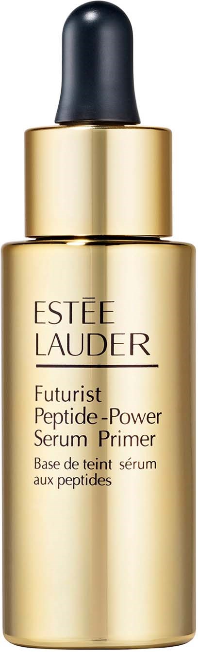 Een goudkleurige fles met een zwarte druppeldop, gelabeld Estée Lauder Futurist Peptide-Power Serum Primer.