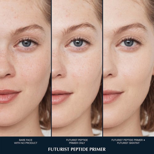 Drie afbeeldingen naast elkaar laten het gezicht van een vrouw zien voor en na het aanbrengen van een peptideprimer. De huid lijkt gladder en helderder.