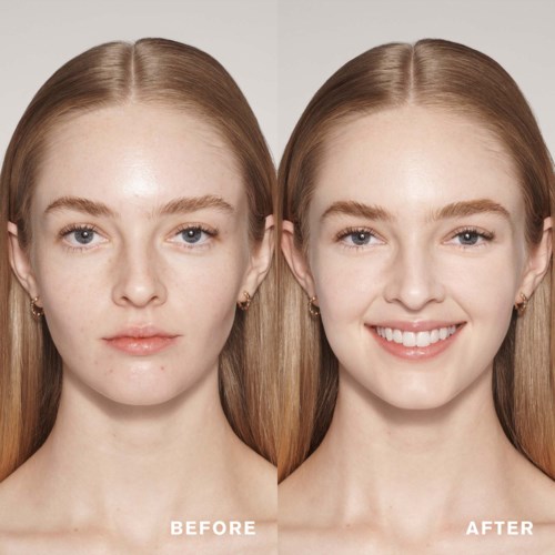 A woman shows side-by-side images of her face before and after makeup or skincare improvement.
