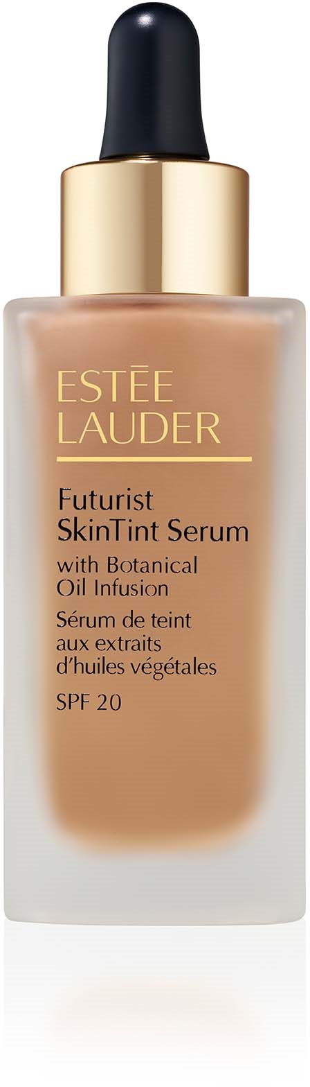 Eine Flasche Estée Lauder Serum mit schwarzer Pipette, goldener Kappe und beiger Flüssigkeit.