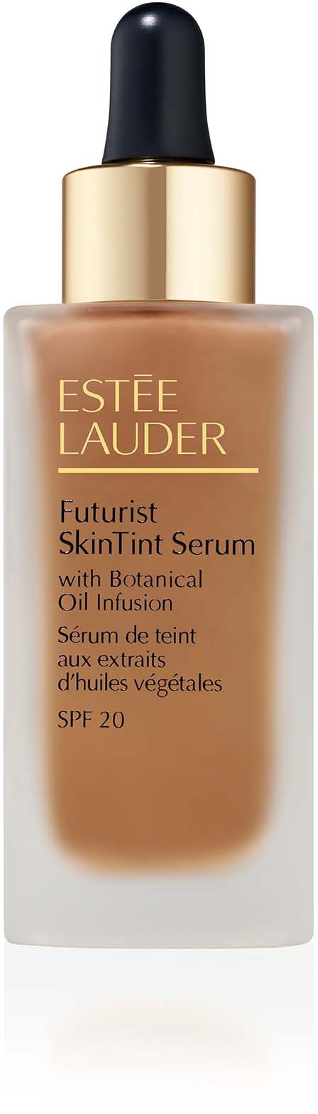 Eine Flasche Estee Lauder Futurist SkinTint Serum mit Tropfer, enthält eine beige Flüssigkeit. Gold- und schwarzer Verschluss.
