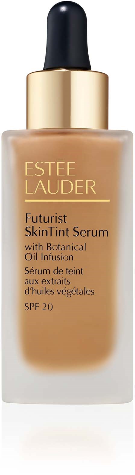Eine beige Flasche mit schwarzem Tropferschaft und Goldring, gekennzeichnet Estee Lauder Futurist SkinTint Serum SPF 20.