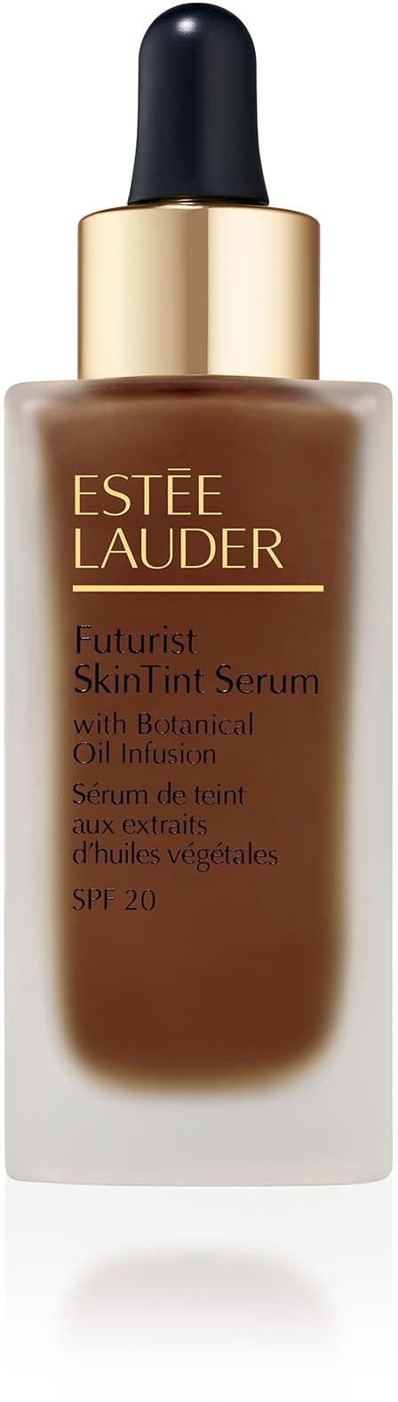 Eine Flasche Estée Lauder Hautserum mit Tropfer, bezeichnet als Futurist SkinTint Serum, SPF 20.