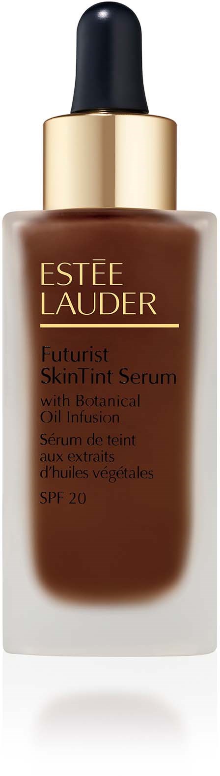 Een bruin flesje met Estee Lauder huidserum met goud en zwart deksel, gelabeld voor huidverzorging met SPF 20.