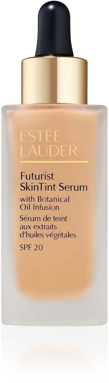A beige serum bottle with a black dropper cap and gold top, labeled 'Estée Lauder Futurist SkinTint Serum'.