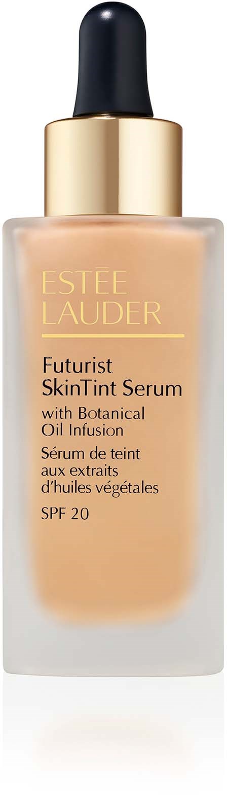 Eine Glasflasche mit Tropfer, goldene Kappe, enthält Foundation oder Serum, von Estée Lauder, SPF 20.
