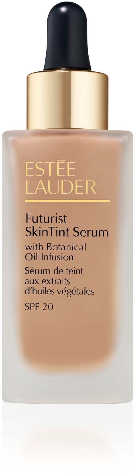 Eine beige Flasche mit schwarzem Deckel und goldnem Ring, gekennzeichnet Estee Lauder Futurist SkinTint Serum.