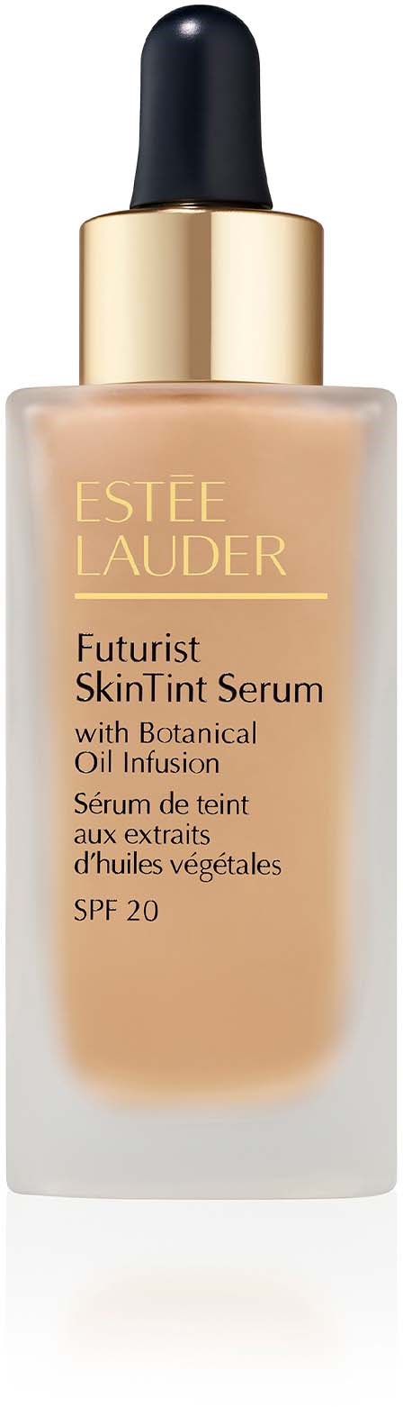 Eine Flasche Estée Lauder Hautserum mit schwarzem und goldenem Deckel, beigefarbene Flasche und Pipette.