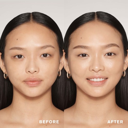 Bilder zeigen eine Frau vor und nach Hautpflege- oder Make-up-Anwendung, mit klarerer und heller Haut im Nachher-Bild.