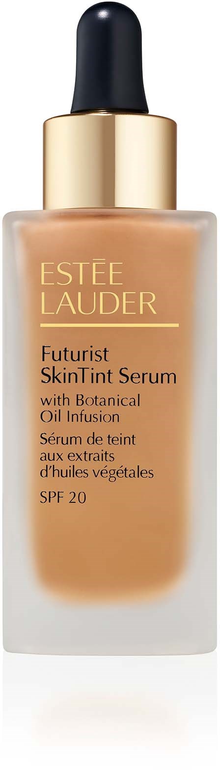 Een fles Estée Lauder Skin Tint Serum met pipet, met botanische olie en SPF 20.