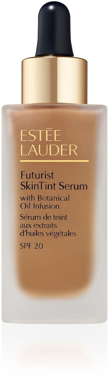 Een beige foundation met een zwarte en gouden druppelpipetdop, gemerkt 'Estée Lauder Futurist SkinTint Serum.'