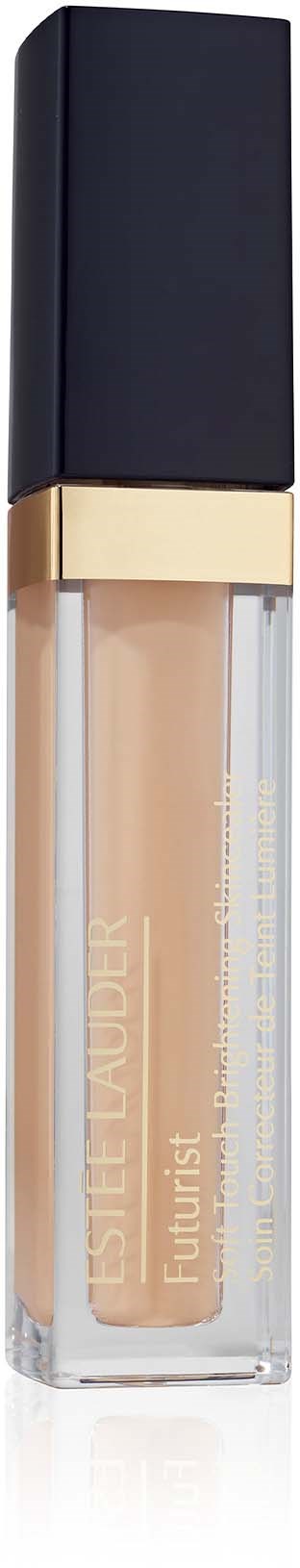 Een beige vloeibare lipstick met een zwart deksel in een doorzichtige container. Het merk staat op de fles.