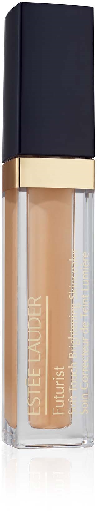 Beige vloeibare concealer in doorzichtig tube met zwarte dop en gouden band, gemerkt 'ESTÉE LAUDER Futurist' en zijtekst.