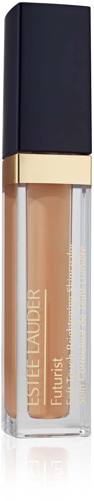 Een beige vloeibare concealer in een doorzichtige tube met zwarte dop en goudbandje, met label "Estée Lauder Futurist."