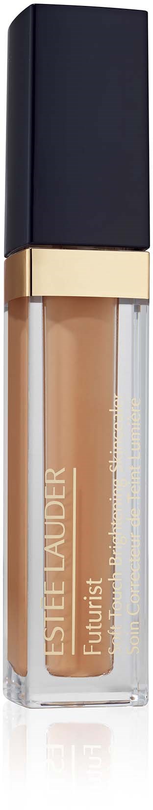 Doorzichtige tube met beige lippenstift, zwarte dop en gouden band, gemarkeerd 'ESTÉE LAUDER Futurist'.