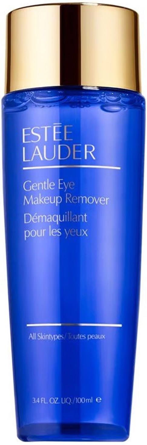 A blue bottle with a gold cap containing Estee Lauder Gentle Eye Makeup Remover.
