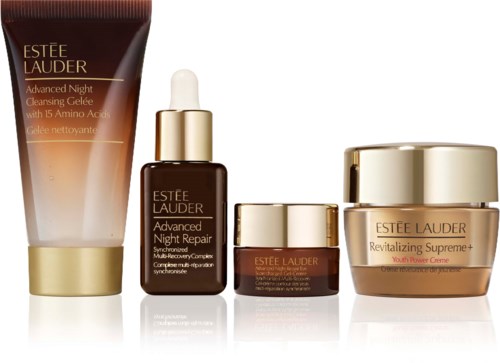 Set van Estée Lauder huidverzorgingsproducten met reinigingsgel, nachtreparatier sérum, crème en moisturizer.