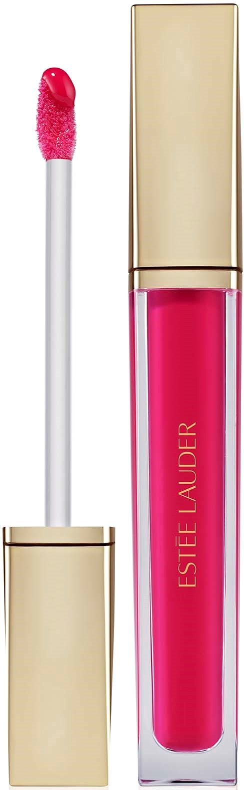 Lichtroze vloeibare lippenstift in doorzichtige en gouden verpakking met applicator.