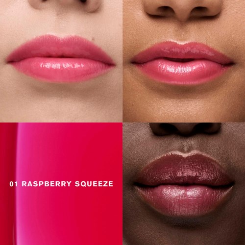 Vier lippen met verschillende roze en paarse tinten, met de tekst "Raspberry Squeeze" op een felroze achtergrond.