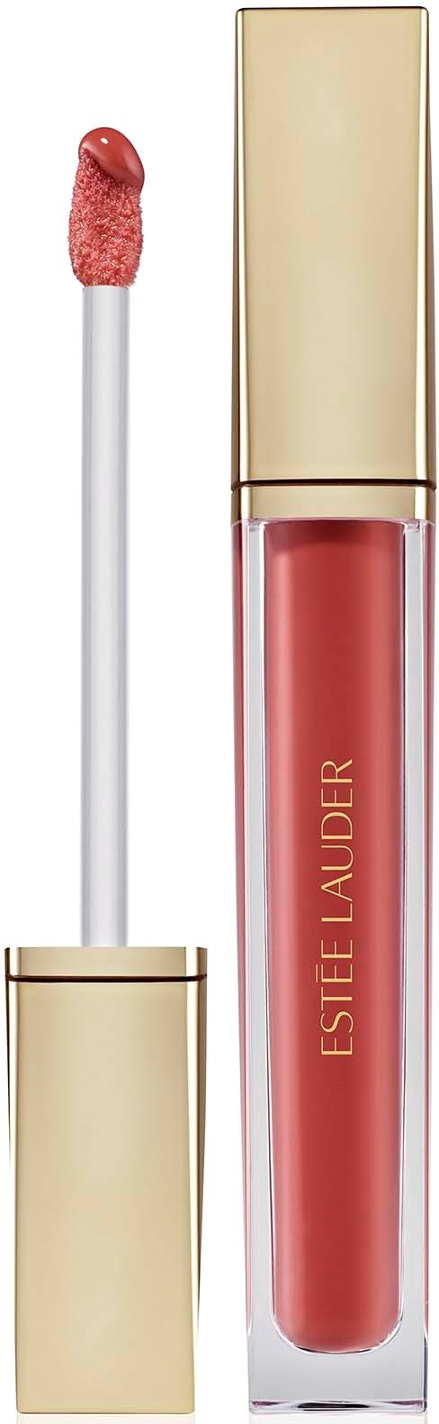 Gouden en doorzichtige lipglossbuis met roze lipgloss en applicator.