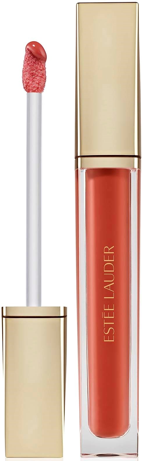 Een lipglossbuis met gouden dop en applicator, met koraalkleurige glans.