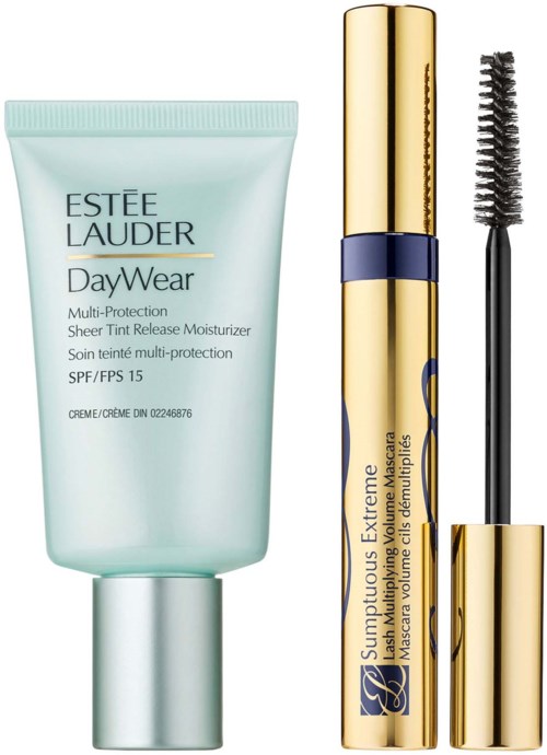 Eine Tube Estée Lauder DayWear Feuchtigkeitscreme und eine goldene Mascara mit schwarzem Bürstchen.