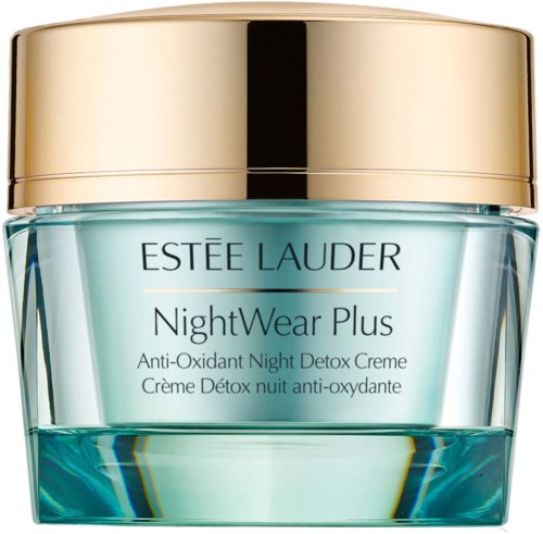 Een potje van Estée Lauder NightWear Plus antioxidanten nachtcrème met een gouden deksel en blauwgroene container.