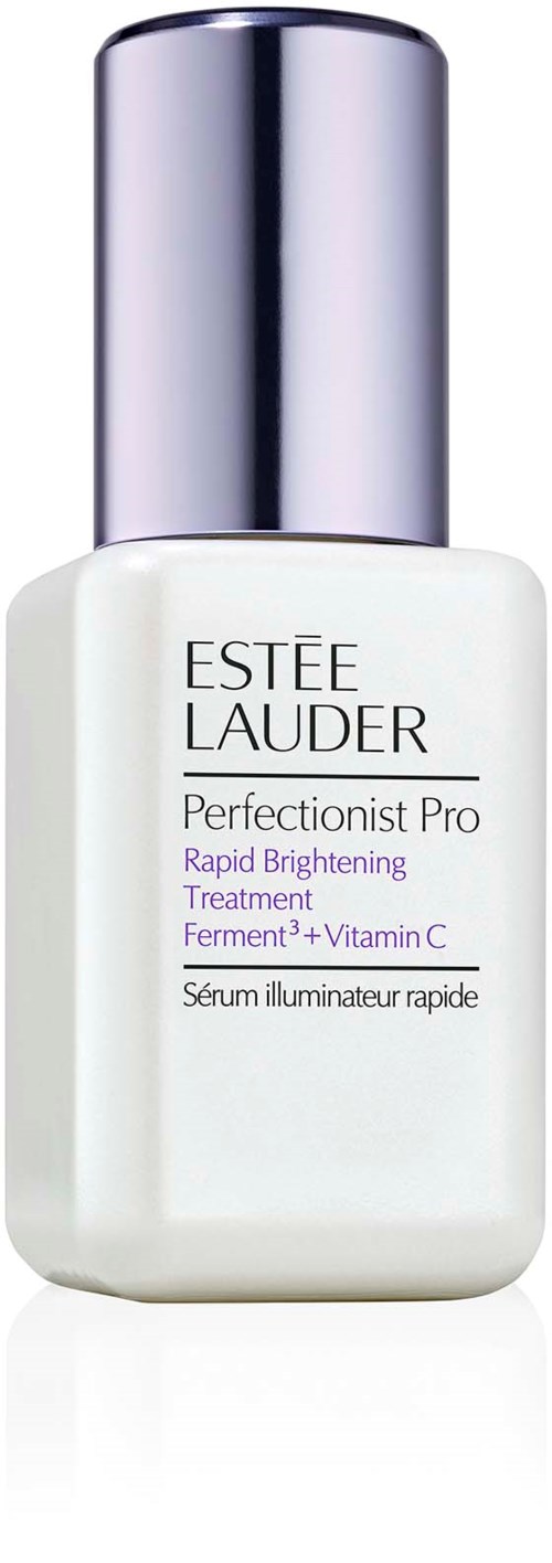 Een witte fles met zilverkleurige dop van Estée Lauder, gemerkt Perfectionist Pro Rapid Brightening Treatment.