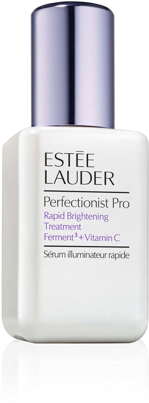 A white bottle with silver cap, labeled Estée Lauder Perfectionist Pro serum, for brightening skin.