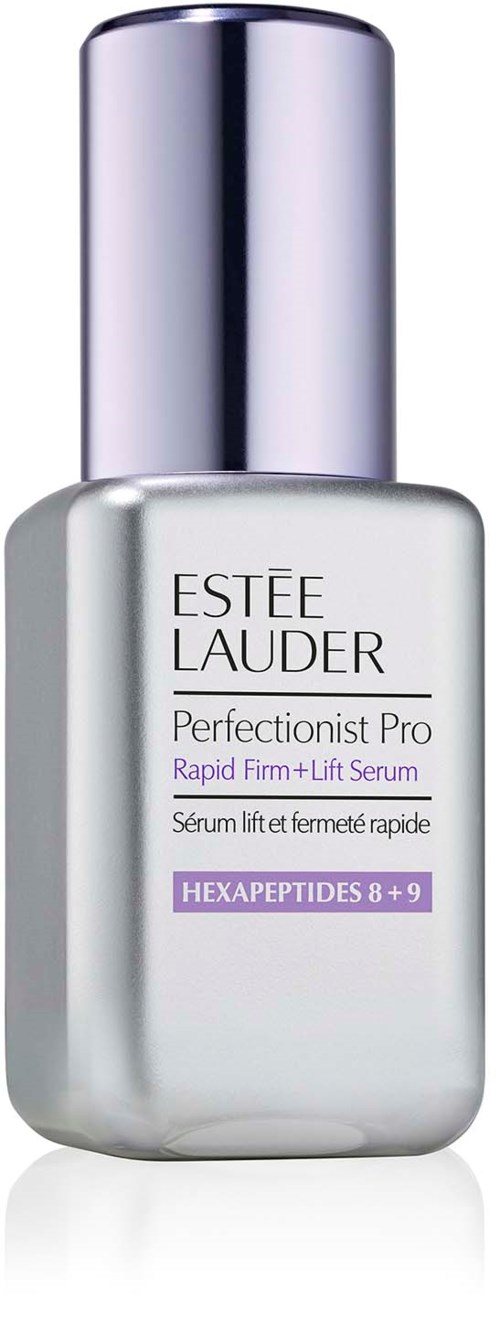 Een witte fles met een zilveren dop, labelt Estée Lauder Perfectionist Pro Serum met paarse tekst.