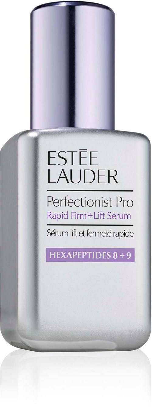 Eine silberne Flasche mit Estée Lauder Perfectionist Pro-Serum, mit lila und schwarzem Text auf dem Etikett.
