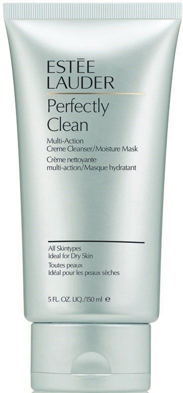Een witte tube van Estée Lauder Perfectly Clean Multi-Action Moisture Mask voor droge huid, 5 fl oz.