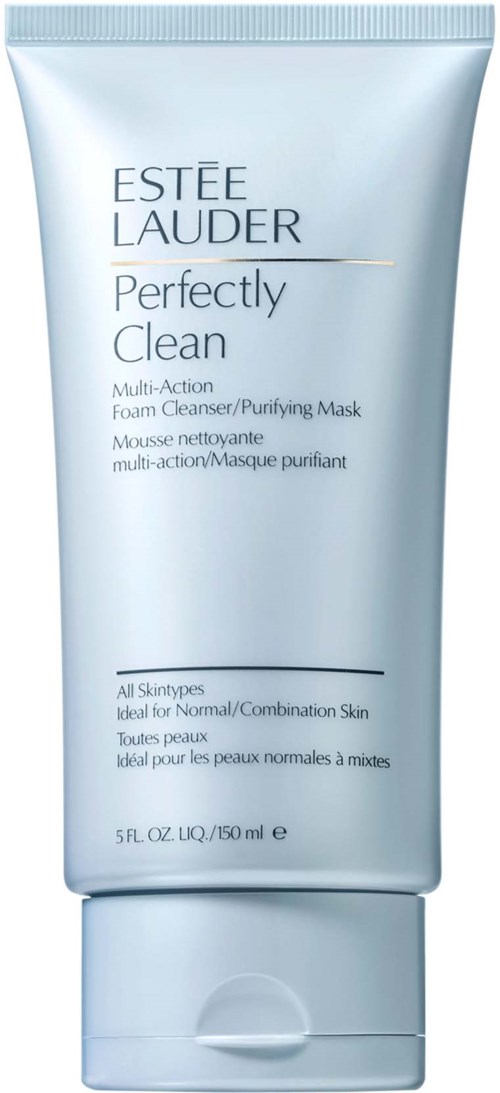 Een lichtblauwe tube met de tekst 'ESTÉE LAUDER Perfectly Clean Multi-Action Foam Cleanser, Purifying Mask' voor normale tot gecombineerde huid.