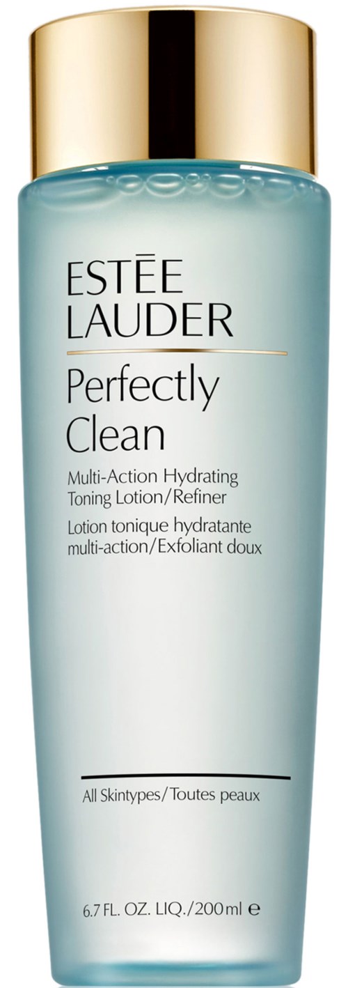 Een lange, lichtblauwe fles met een gouden dop. Het is gelabeld "Estée Lauder Perfectly Clean" voor huidreiniging.
